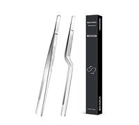 SouxMux 25.5CM Cooking Tweezer and Offset Tweezer Set, Tongs Precision Serrated Tips, Stainless Steel Professional Chef Tweezer Kitchen Tools BBQ, Plating and Serving, Silver, 10-inch