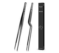 SouxMux 30.5CM Cooking Tweezer and Offset Tweezer Set, Tongs Precision Serrated Tips, Stainless Steel Professional Chef Tweezer Kitchen Tools for BBQ, Plating and Serving, Black