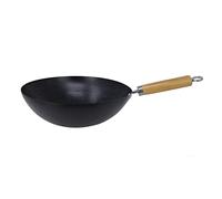 Sov Carbon Steel Wok Non-Stick with Wooden Handle Stir Fry Pan Deep Frying Traditional Cooking Chinese Asian Curry Pan Flat Bottom Base Wok, Black (26cm)
