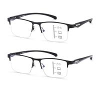 SOVCOD 2-Pack Progressive Multifocus Reading Glasses for Men, Metal Half Frame Blue Light Blocking Readers Lightweight Computer Glasses Multifocal Eyeglasses (Multifocus/ 2 Black, 1.75, x)