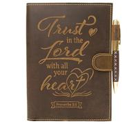 Sovereign-Gear Religious Refillable Leather Journal - Handmade A5 Writing Notebook with Pen - “Trust in the Lord” Proverbs 3:5 Embossed Diary with 2 Lined Inserts & Pen Holder - 480 Pages