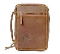 Sovereign-Gear Small Leather Bible Cover - Handmade Buffalo Leather, Cross Embossed, Handle, Zipper, Storage Pockets, Bookmark & AirTag Compatible Holder - Durable Cover for Men & Women