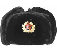 Soviet Style Winter Hat | Faux Fur Ushanka Cossack Hat with Ear Flaps & Decorative Military Pin | Mens Russian Trapper Ski Hat Perfect for Long, Cold Winter Nights 60cm Black (60cm)