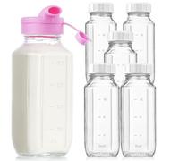 Sovietiep 16 Oz Glass Juice Bottles for Juicing with Airtight Lids, 6 Pack Square Glass Juice Jars with Spout, Glass Water Bottles with Scale Mark, Easy to Carry, HTR-262
