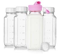 4 Pack 16 Oz Square Glass Milk Bottle with A Silicone Dispenser Cap, Glass Juice Bottles with Airtight Screw Lid, Reusable Drinking Bottles with Capacity Marks, Breastmilk Storage Container