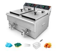 Sovtekr Deep Fat Fryer with Side Handles, 22L/23.2QT 6000W | Double Fryer with Oil Drain & Basket, Time & Temp, 60°C to 200°C, Stainless Steel for Fast Food Restaurants, Snack Stalls Use