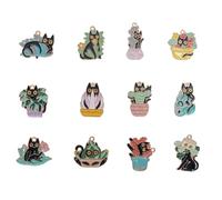 sowaka 12 Pcs Black Cat Charm with Plant Enamel Metal Animal Pendants for DIY Jewelry Making Multi Design Cats for Necklace Bracelets Earring Keychain Scrapbooking Thanksgiving Supplies