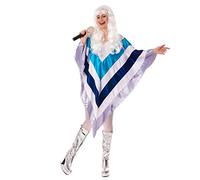 SoWest 70s Disco Poncho Costume - Super Trooper 1970s Eurovision Fancy Dress Outfit | One Size Silver Cape with Blue Stripes | Retro Pop Star Dance Party Costumes for Adults