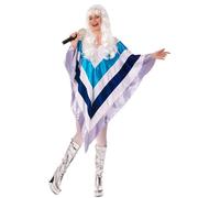 SoWest 70s Disco Poncho Costume with White Wig - Super Trooper 1970s Eurovision Fancy Dress Outfit | One Size Silver Cape with Blue Stripes | Retro Pop Star Dance Party Costume for Adults