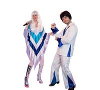SoWest 70s Disco Super Trooper Costume Bundle - 38 Inch Silver Poncho Cape with Blue Stripes & Retro Disco Top and Trousers | Eurovision 1970s Fancy Dress Outfit for Adults - L