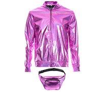 SoWest Adults 70s Holographic Bomber Jacket with Bumbag - 80s 90s Foil Metallic Rave Zip-Up Front Jacket | Shiny Fancy Dress Festival Outfit for Disco, Hip Hop & Retro Party Themes, Pink - 2X-Large