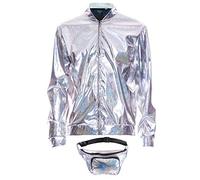 SoWest Adults 70s Holographic Bomber Jacket with Bumbag - 80s 90s Foil Metallic Rave Zip-Up Front Jacket | Shiny Fancy Dress Festival Outfit for Disco, Hip Hop & Retro Party Themes, Silver - 2X-Large