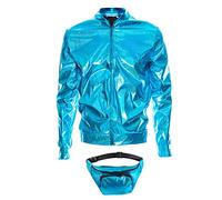 SoWest Adults 70s Holographic Bomber Jacket with Bumbag - 80s 90s Foil Metallic Rave Zip-Up Front Jacket | Shiny Fancy Dress Festival Outfit for Disco, Hip Hop & Retro Party Themes, Blue - Medium