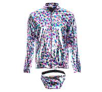 SoWest Adults 70s Holographic Bomber Jacket with Bumbag - 80s 90s Foil Metallic Rave Zip-Up Front Jacket | Shiny Fancy Dress Festival Outfit for Disco, Hip Hop & Retro Party Themes, Rainbow - X-Large