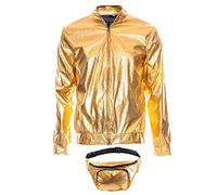 SoWest Adults 70s Holographic Bomber Jacket with Bumbag - 80s 90s Foil Metallic Rave Zip-Up Front Jacket | Shiny Fancy Dress Festival Outfit for Disco, Hip Hop & Retro Party Themes, Gold - 2X-Large