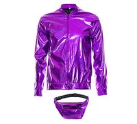 SoWest Adults 70s Holographic Bomber Jacket with Bumbag - 80s 90s Foil Metallic Rave Zip-Up Front Jacket | Shiny Fancy Dress Festival Outfit for Disco, Hip Hop & Retro Party Themes, Purple - 2X-Large