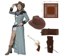 SoWest Cowgirl Fancy Dress Costume in Brown - Western Outfit for Women | Adult Cosplay Costumes Includes Dust Coat, Tube Tops, Holster, Gun, Bandana & Hat | Halloween Wild West Outfits - M