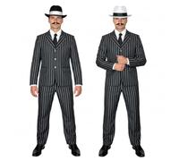 SoWest Men’s 1920s Gangster Costume - Black & White Pinstripe Suit with Matching Trousers, Tie & Black Hat | Vintage Boss Fancy Dress Outfit for Halloween, Parties & Themed Events - XL