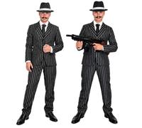 SoWest Men’s 1920s Gangster Costume, Pinstripe Suit, Hat & Accessories | Black and white pinstripe mobster fancy dress with jacket, trousers, tie, hat, moustache, Tommy gun and cigar for adults