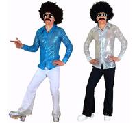 SoWest Men’s 70s Disco Costume - Shiny Sequin Shirt & Flared Trousers Outfit | Blue 60s 70s Retro Fancy Dress for Adults | Vintage Sparkly Button-Up Party Suit for Dance Nights & Halloween - M