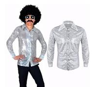 SoWest Men’s 70s Disco Sequin Shirt - Shiny Silver Button Down Long Sleeve Top | 80s Dance Party Fancy Dress for Men | Halloween Retro Rock Costume for Adults Themed Nights - L