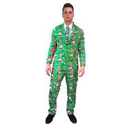 SoWest Men’s Christmas Suit - 3-Piece Santa Reindeer Patterned Festive Outfit with Jacket, Trousers & Tie | Adult Holiday Party Fancy Dress Costume | Xmas Blazer for Men