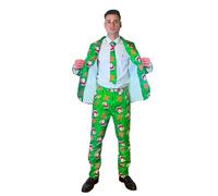 SoWest Men’s Christmas Suit - Santa & Reindeer Patterned Jacket, Trousers & Tie | 3 Piece Xmas Outfit for Adult | Fancy Dress Costume for Holiday Parties and Festive Events - 2XL