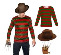 SoWest Men’s Halloween Nightmare Costume - 80s Horror Villain Fancy Dress Outfit | Red & Green Striped Top, Brown Fedora Hat & Claw Glove - Scary Movie Cosplay for Adults - 2XL