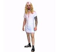 SoWest Men’s Naughty Nurse Fancy Dress Costume - Stag Do & Party Outfit with Zip Up White & Red Dress, Hat & Blonde Wig | Funny Male Cosplay Halloween Staff for Adults - XL