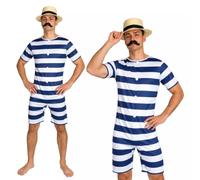 SoWest Men's 20s Bathing Suit Costume - Blue & White Striped Short Jumpsuit & Hat and Optional Moustache | Adults Vintage 1920's Razzle Fancy Dress Up Costumes