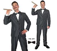 SoWest Men's Gothic Pinstriped Gangster Costume Bundle - 1920s Mafia Boss Classic Black & White Striped Blazer Sets | Retro Horror Comedy Ghost Suit Jacket | Spooky Halloween Family Fancy Dress - 2XL