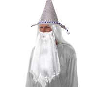 SoWest Men's Grey Wizard Wig, Beard & Hat Set - Medieval Fancy Dress Costume Bundle for Adults | Adjustable Fit Halloween, Carnival & Cosplay Staff for Themed Parties