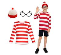 SoWest Red and White Striped Costume Set for Teens - World Book Day Fancy Dress Outfit Including Striped T-Shirt, Bobble Hat & Round Glasses | Book Week School Cosplay Bundle