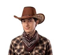 SoWest Western Cowboy Hat & Bandana Set - Classic Leather Look Halloween Headwear Costume Accessory | Unisex Cowboys & Cowgirl Fancy Dress Cosplay Party Hats for Adults Men & Women - Brown