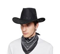 SoWest Western Cowboy Hat & Bandana Set - Classic Leather Look Halloween Headwear Costume Accessory | Unisex Cowboys & Cowgirl Fancy Dress Cosplay Party Hats for Adults Men & Women - Black
