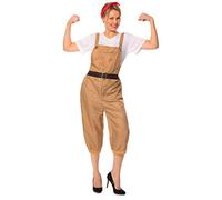 SoWest Women’s Land Girl Dungarees Fancy Dress Costume - Vintage Wartime Jumpsuit with Top & Headscarf | 1940s WW2 Style Workwear Overalls | Retro Pockets Playsuit Outfit, Camel - XL