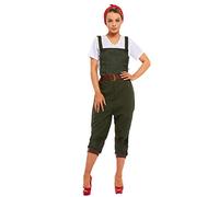 SoWest Women’s Land Girl Dungarees Fancy Dress Costume - Vintage Wartime Jumpsuit with Top & Headscarf | 1940s WW2 Style Workwear Overalls | Retro Pockets Playsuit Outfit, Green - S