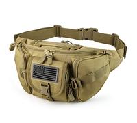 SOWHUP Tactical Fanny Pack,Military Waist Bag Pack with U.S Patch Utility Hip Belt Bumbag for Outdoor Fishing Hiking, Tan(5 Zipper Pockets), Small, Tactical Fanny Pack