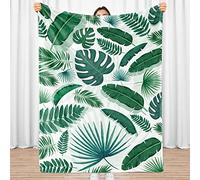 Sowide Leaf Blanket, Green Throw, Soft Monstera Palm Tropical Flannel, White Forest Jungle Plant Cozy Plush for Adult Teens, Sofa Bed Office, 130x152cm