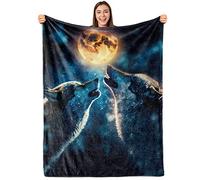 Sowide Wolf Blanket Gift for Adults and Kids Family Animal Wolf Moon Blanket Super Soft Plush Flannel Throw Blanket for Couch Bed Sofa 60''x80'', Blue-02