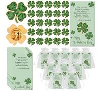 SOWPOPY 25/50/100 Sets St. Patricks Day Lapel Pins Bulk Four Leaf Clover Pins Irish Shamrock Pin Brooches With Blessing Cards for St. Patrick’s Day Gift Party Favors Jewelry Accessories, S, Alloy