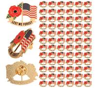 SOWPOPY 50/100 PCS Memorial Day Poppy Pins Bulk Red Poppy Flower American Flag Lapel Pins Patriotic Enamel Brooch Badges for Memorial Day Party Favors Gifts, S, Alloy Steel, no gemstone