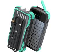 SOXONO Solar Charger Power Bank, PD 20W Fast Charging External Batter, 40000mAh Portable Phone Charger Built in 4 Cables with Dual Bright Flashlights for Camping, Hiking, and Outdoor Use（Green）