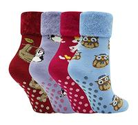 Soxy Super Soft Ladies Bed Socks - 4 Pack - Women's Fleece Lined Brushed Thermal Slipper Socks - Anti Slip with Gripper Sole - Assorted Animal Designs - UK Shoe Size 4-6