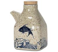 Soy Sauce Bottle - 5x3" Ceramic Oil Dispenser with Wooden Lid, Japanese Style Fish Pattern Soy Sauce Container for Shoyu, Ponzu, Vinegar