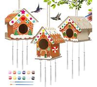 SOYDAN Unfinished Wooden Birdhouse - Craft Kit for the Christmas Home - Unfinished Bird Houses to Create, Christmas House with 12 Colours, 2 Brushes, 2 Twine, 3 Chips