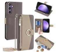 Soyeacrg Crossbody Wallet Case for Samsung Galaxy S24 Ultra/S24 Plus/S24, Magnetic Closure Card Holder Zipper Purse PU Leather Case with Shoulder Strap Zipper Purse Kickstand,Gray,S24 Plus