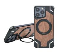 Soyeacrg Metal Walnut Wood Case for iPhone 14 Pro Max/14 Pro/14, Compatible with MagSafe 360° Rotating Ring Kickstand Enhanced Protection Ultra-Slim Frameless Design,Black,14