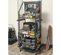 SOYEEZE Fishing Rod Holders for Garage, 3-Tier Fishing Pole Rack Holds Up to 12 Rods with Pegboard and Hooks, Heavy Duty Fishing Gear Organizer, Rolling Fishing Storage Cart with Lockable Wheels