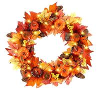 SOZA Autumn Simulation Wreath with LED Light 40cm Maple Leaf Pumpkin Berry Garland Rattan Artificial Door Wreath Wall Hanging Fall Decoration for Halloween Thanksgiving Christmas Home Ornament